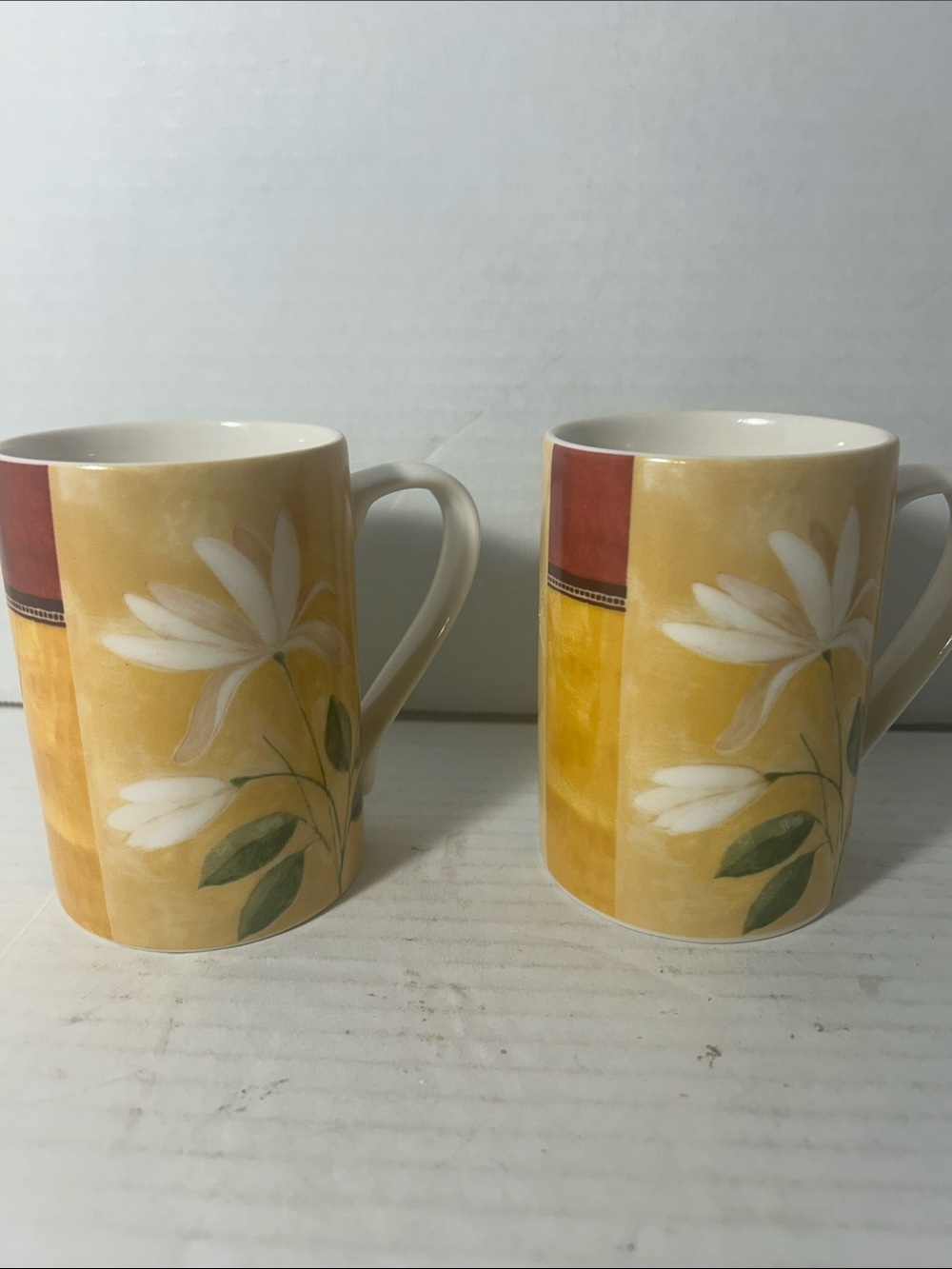 222 Fifth Yellow Floral Ceramic Mug Pair with White Blossoms